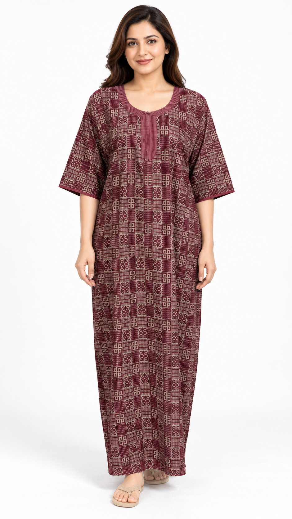 Nighty - Ziva, maroon geometric, full-length view (A1)