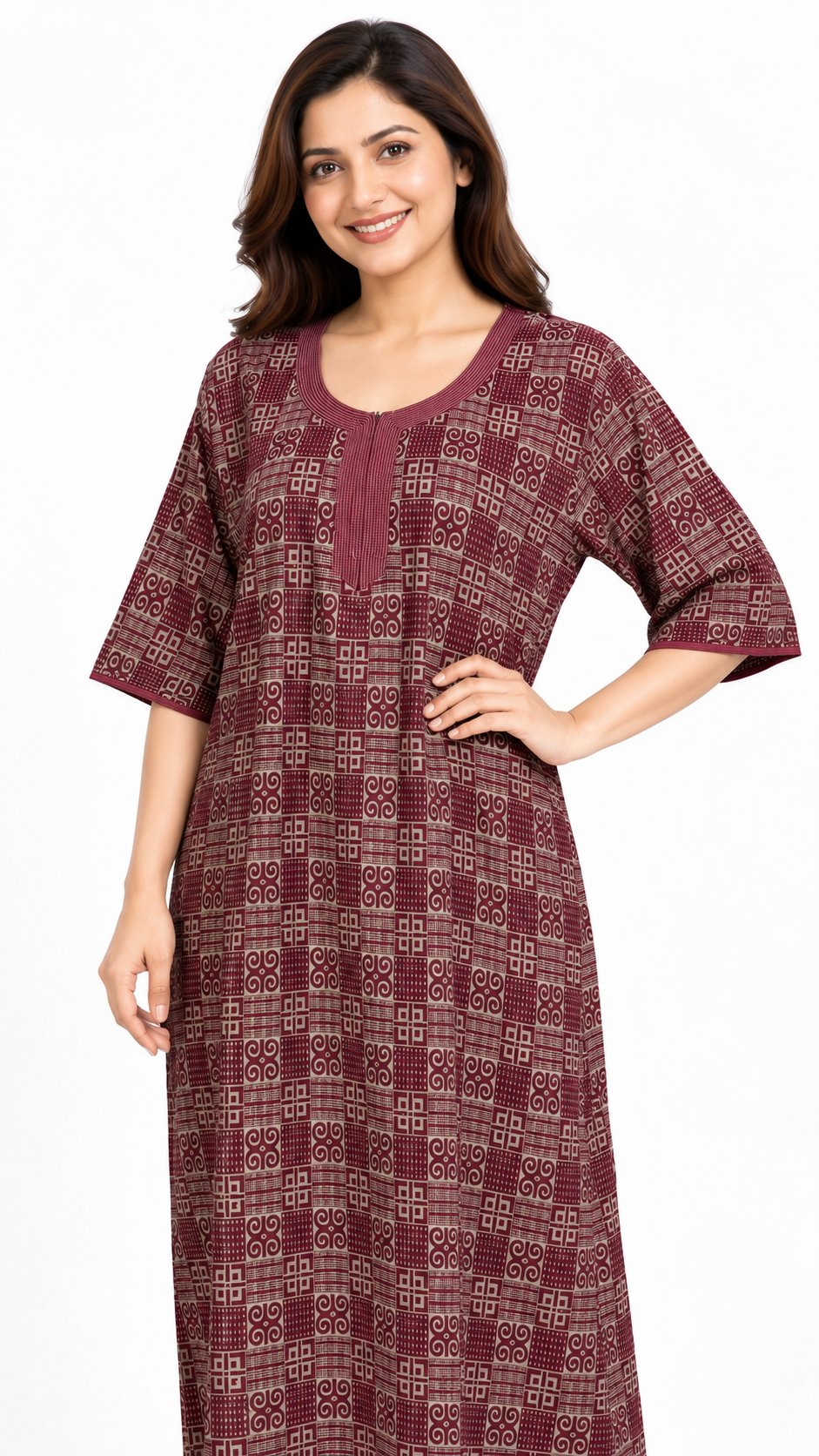 Nighty - Ziva, maroon geometric, close-up view (A2)