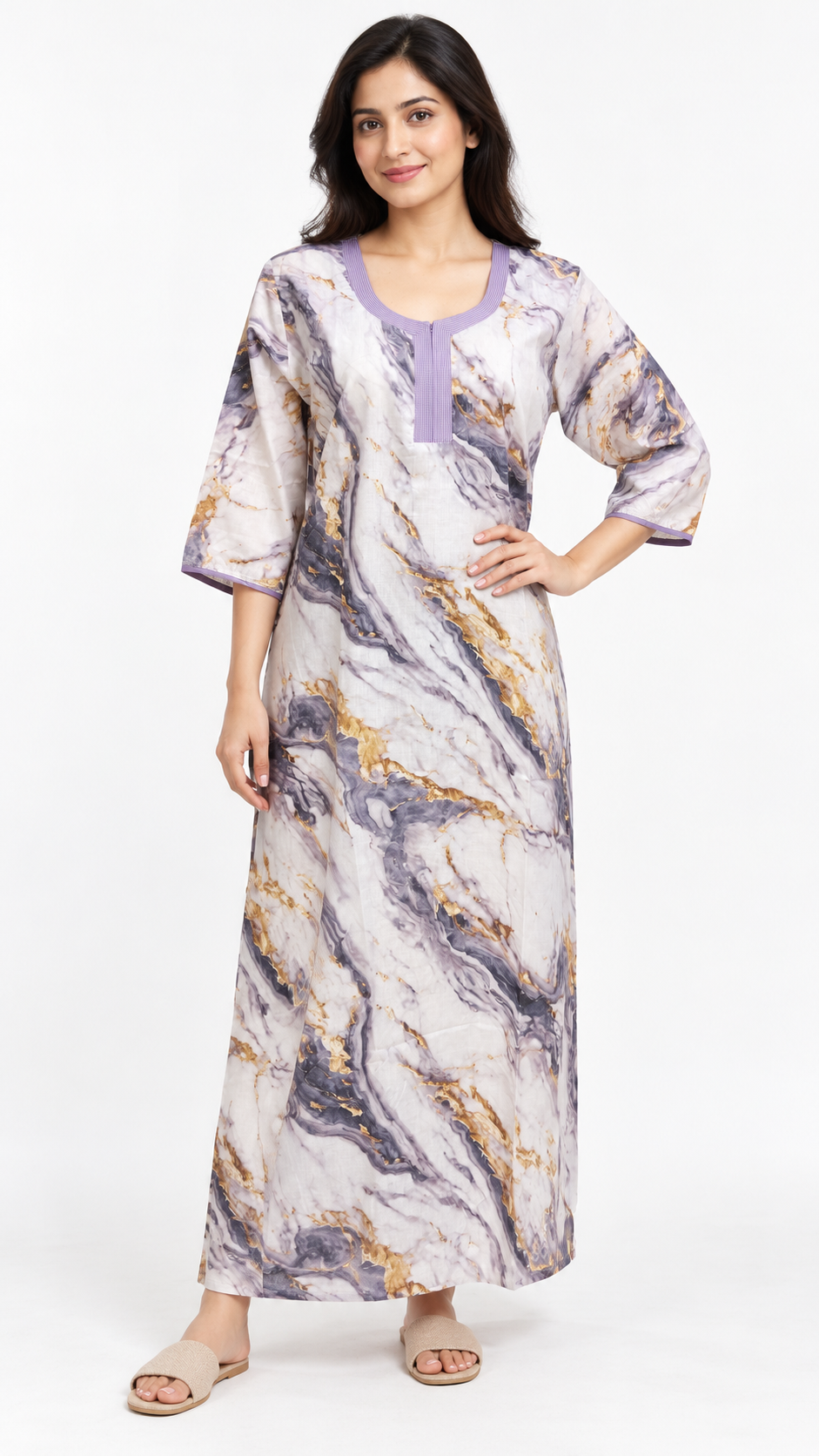 Nighty - Ziva, lavender marble print, full-length view (B1)