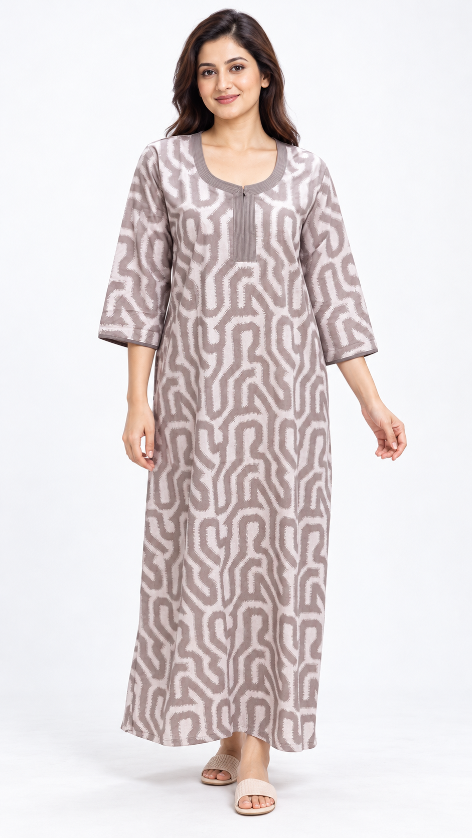 Nighty - Ziva, taupe abstract print, full-length view (C1)