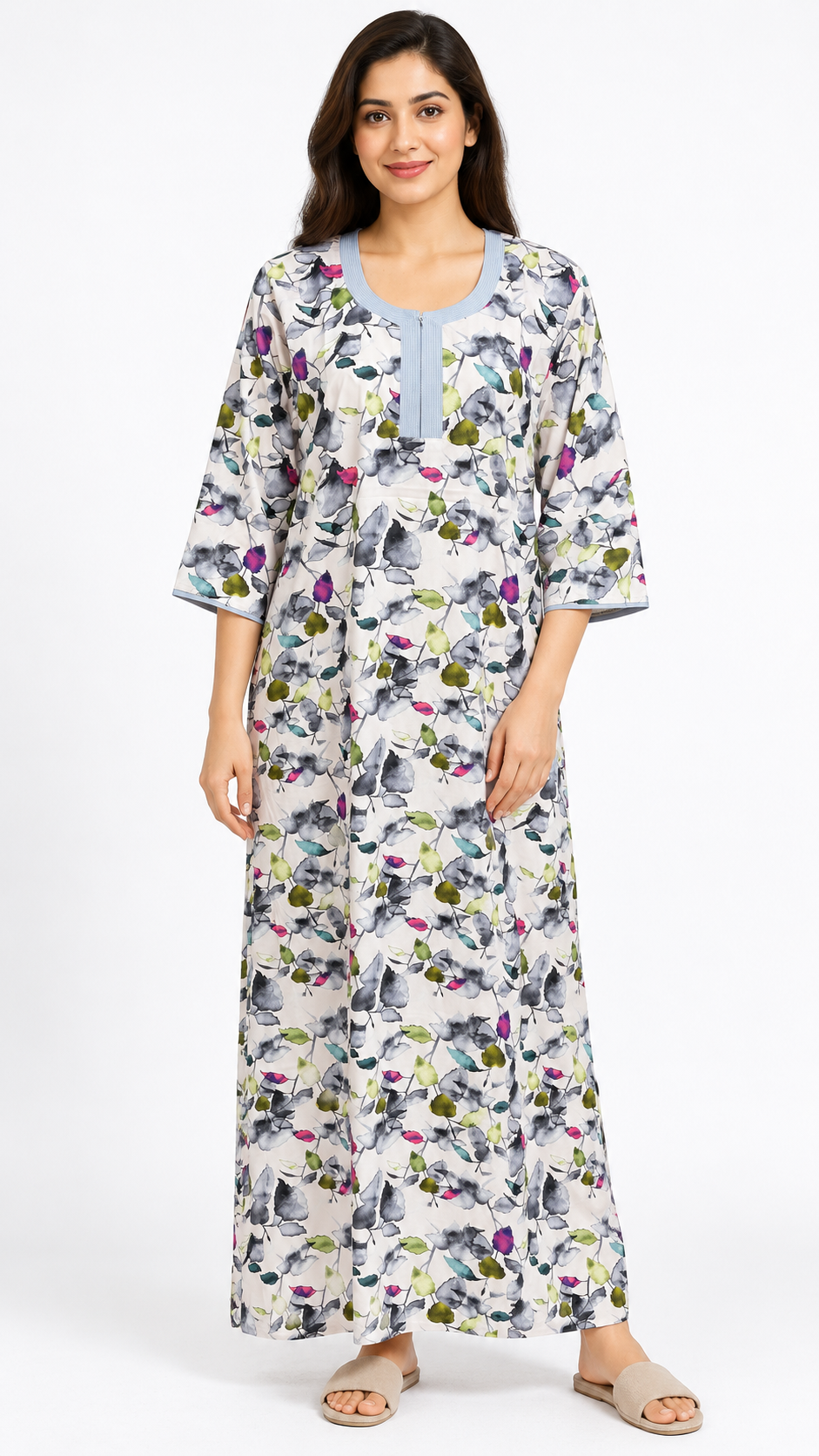 Nighty - Ziva, watercolour floral print, full-length view (D1)