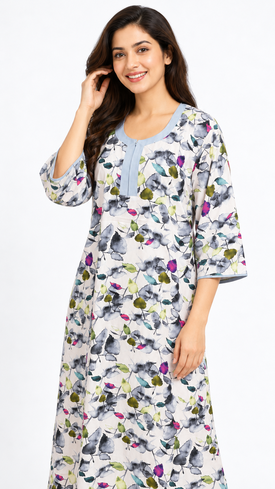 Nighty - Ziva, watercolour floral print, close-up view (D2)