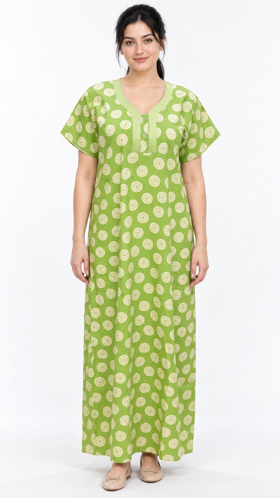 Nighty - Ziva, green circular print, full-length view (E1)