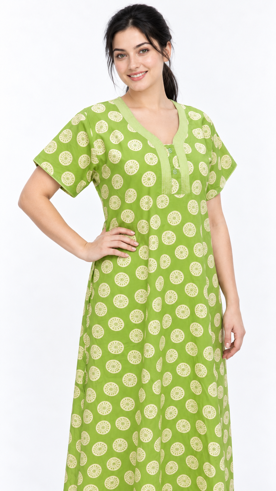 Nighty - Ziva, green circular print, close-up view (E2)