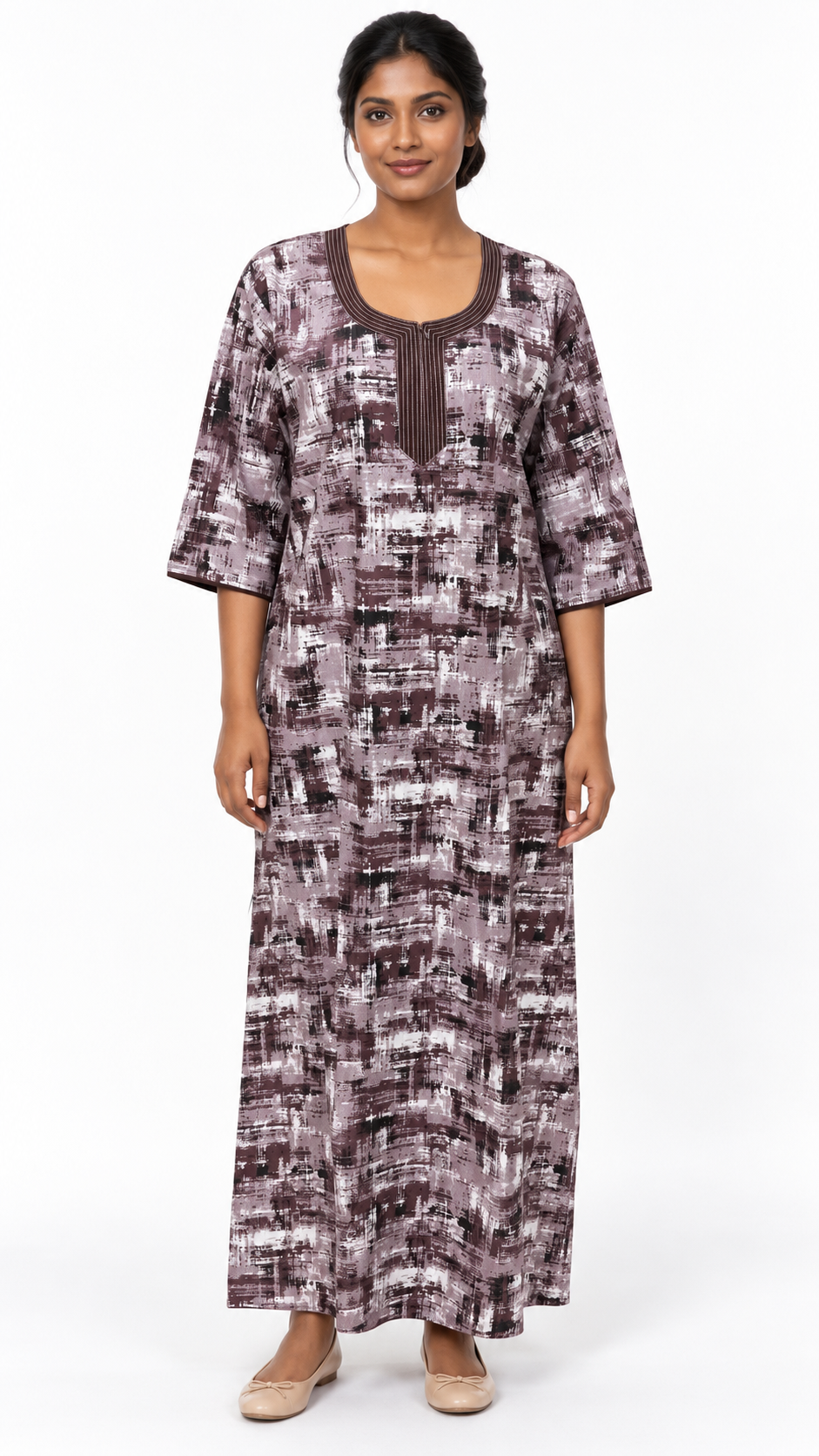 Nighty - Ziva, mauve brushstroke print, full-length view (G1)