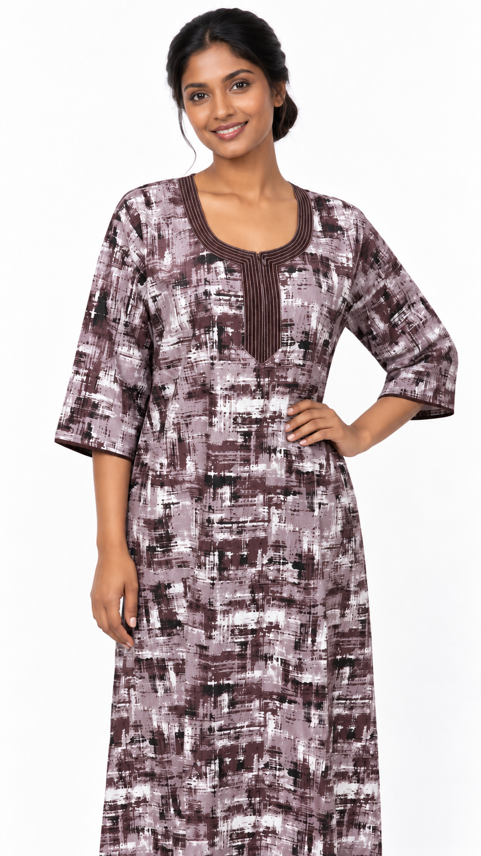 Nighty - Ziva, mauve brushstroke print, close-up view (G2)