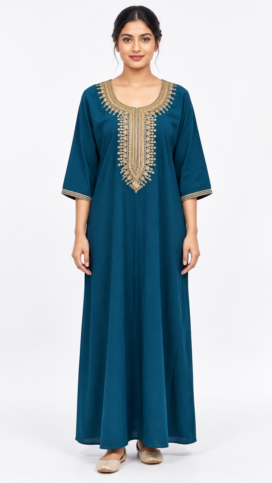 Nighty - Ziva, teal with gold embroidery, full-length view (H1)