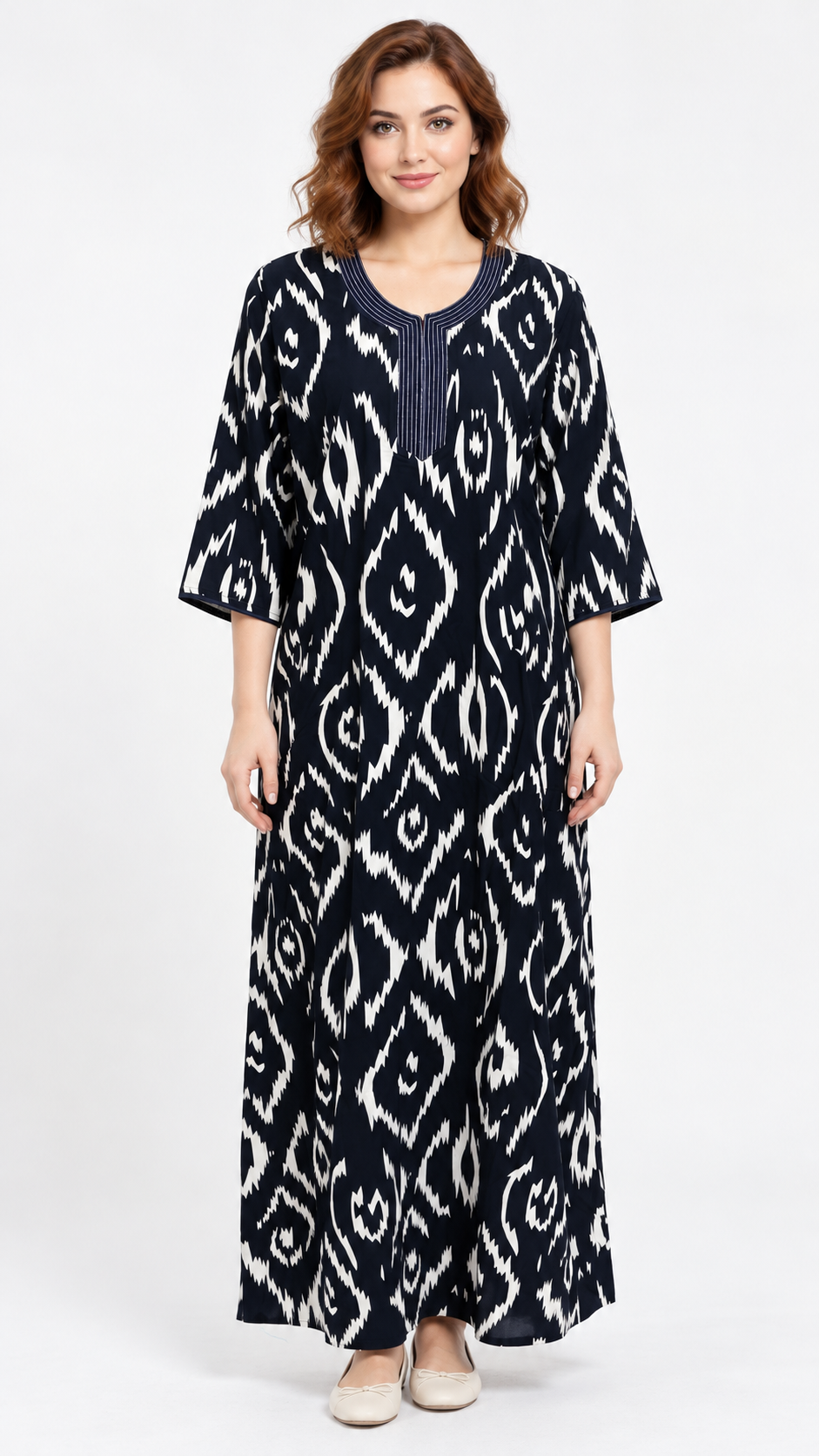 Nighty - Ziva, black and white ikat print, full-length view (I1)