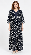 Nighty - Ziva, black and white ikat print, full-length view (I1)