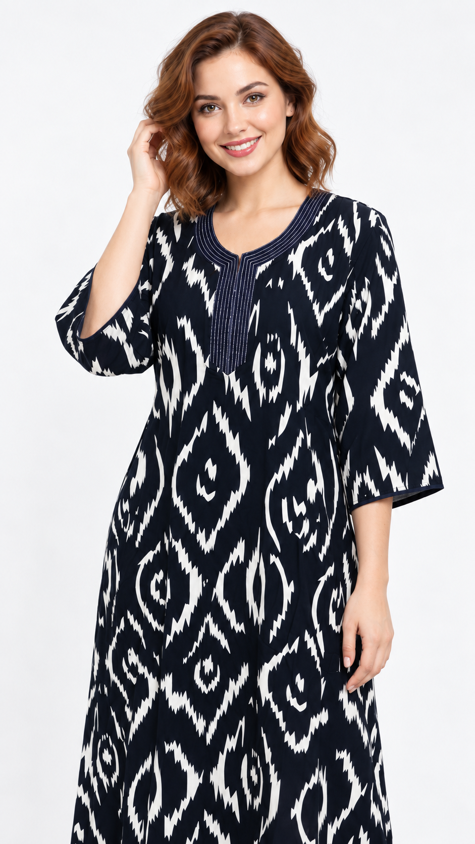 Nighty - Ziva, black and white ikat print, close-up view (I2)