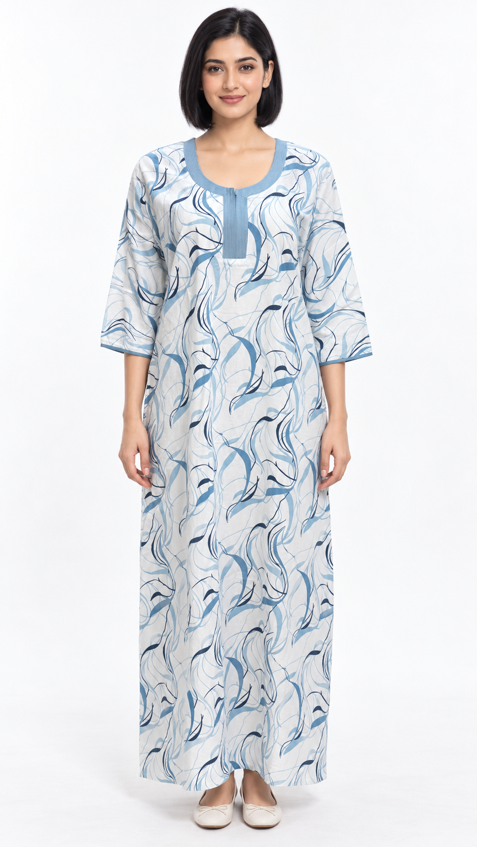 Nighty - Ziva, blue flowing print, full-length view (J1)