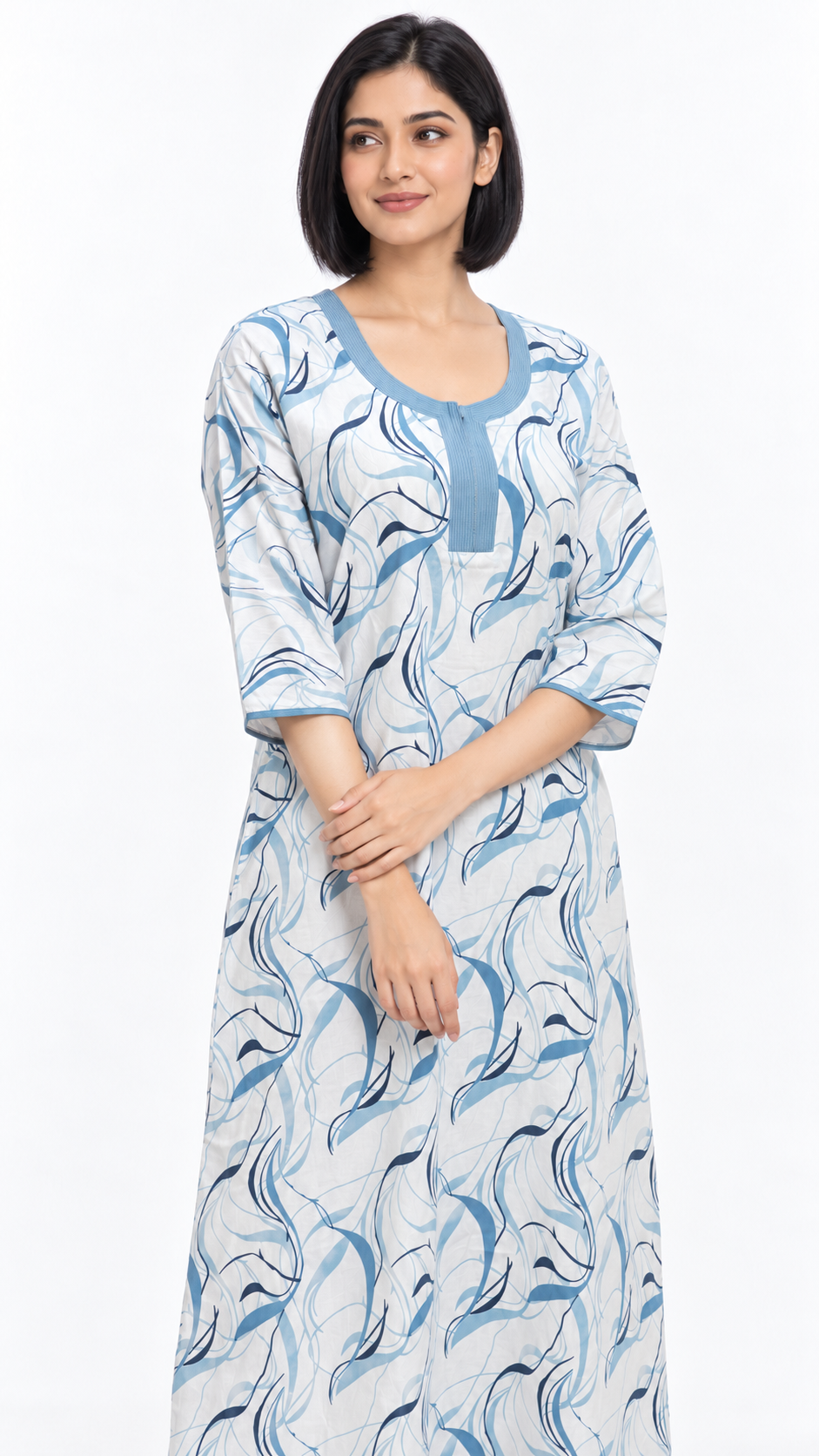Nighty - Ziva, blue flowing print, close-up view (J2)