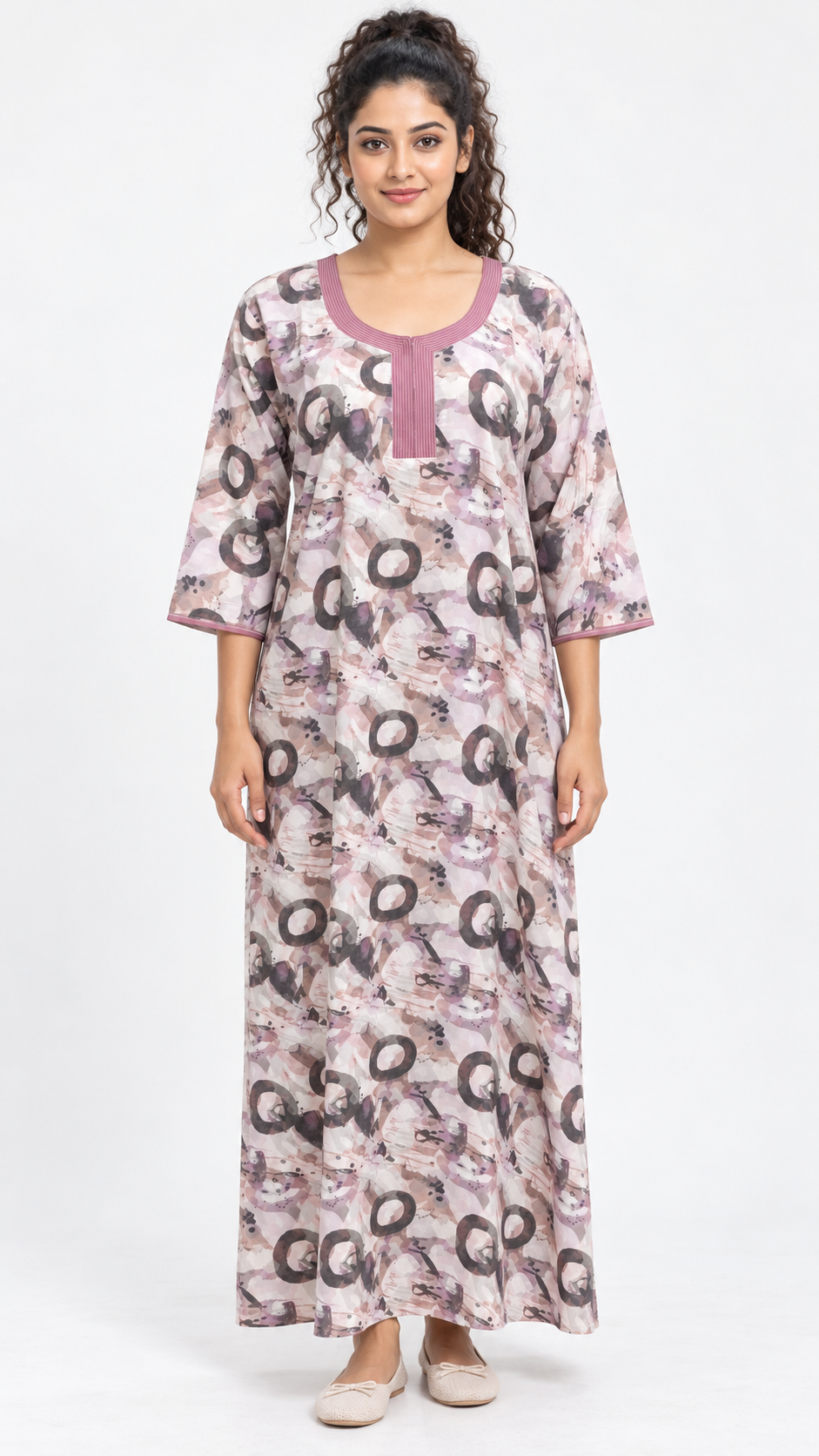 Nighty - Ziva, pink abstract print, full-length view (K1)