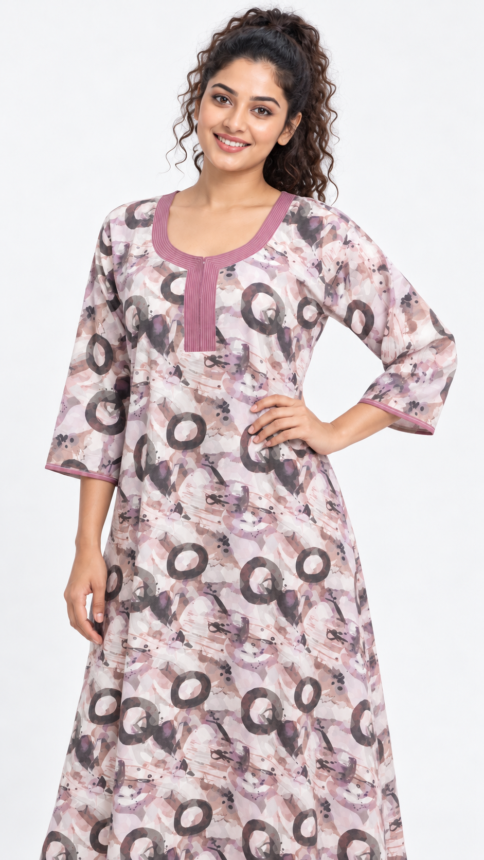 Nighty - Ziva, pink abstract print, close-up view (K2)